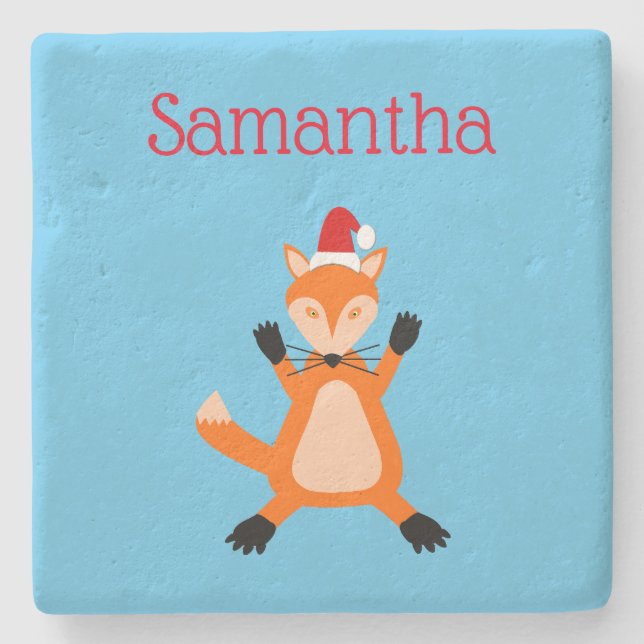 Cute Christmas Fox Custom Name Stone Coaster (Front)
