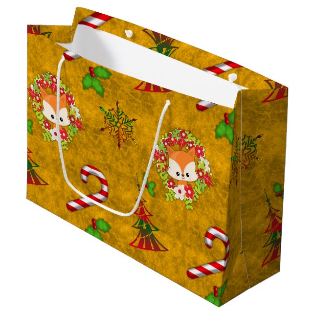 Cute Christmas Fox Large Gift Bag (Front Angled)