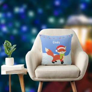 Cute Christmas Fox on Snow Throw Pillow