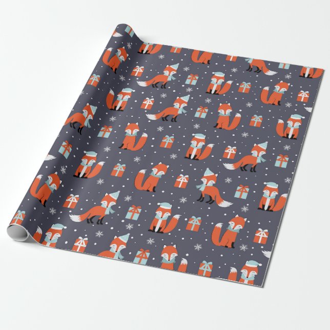 Cute Christmas Fox Pattern Wrapping Paper (Unrolled)