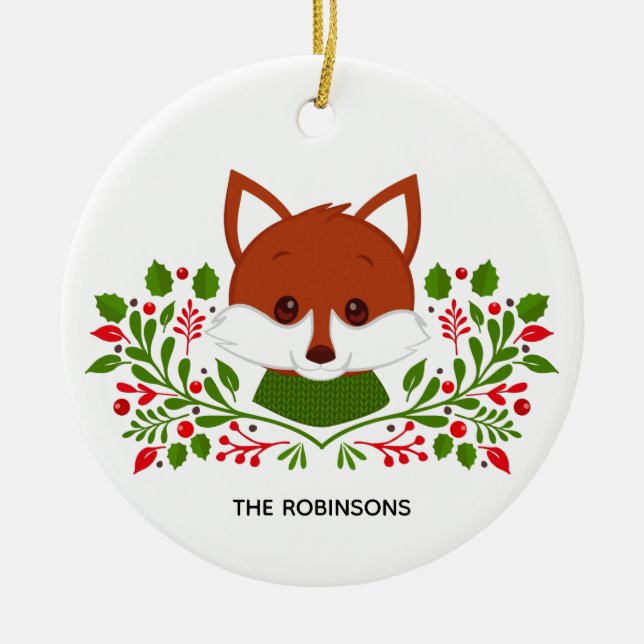 Cute Christmas Fox Photo Ceramic Tree Decoration (Front)