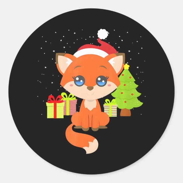 Cute Christmas Fox Santa Hat Christmas Tree n Classic Round Sticker (Front)