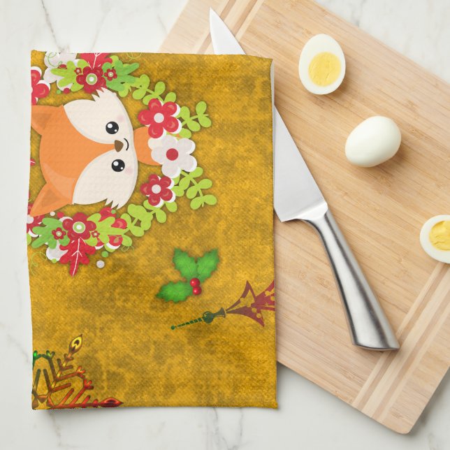 Cute Christmas Fox Tea Towel (Quarter Fold)