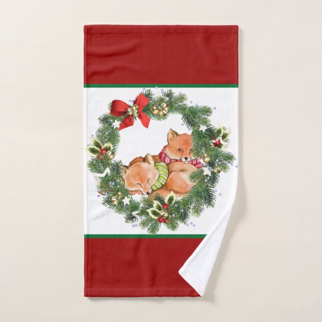 Cute Christmas Foxes with Holiday Wreath Red Hand Towel (Hand Towel)