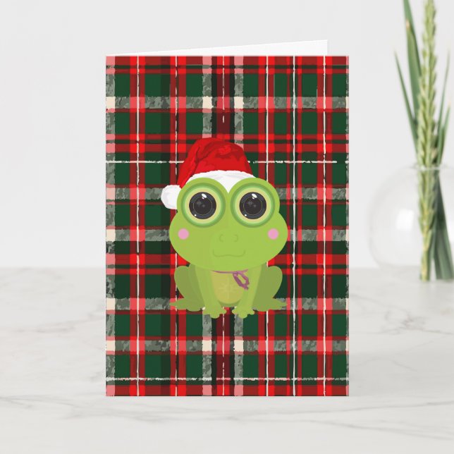 Cute Christmas Frog Holiday Card on Plaid Pattern  (Front)