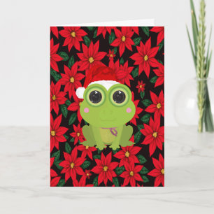 Cute Christmas Frog Holiday Card on Poinsettia