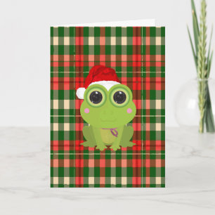 Cute Christmas Frog on Festive Red Green Plaid Holiday Card