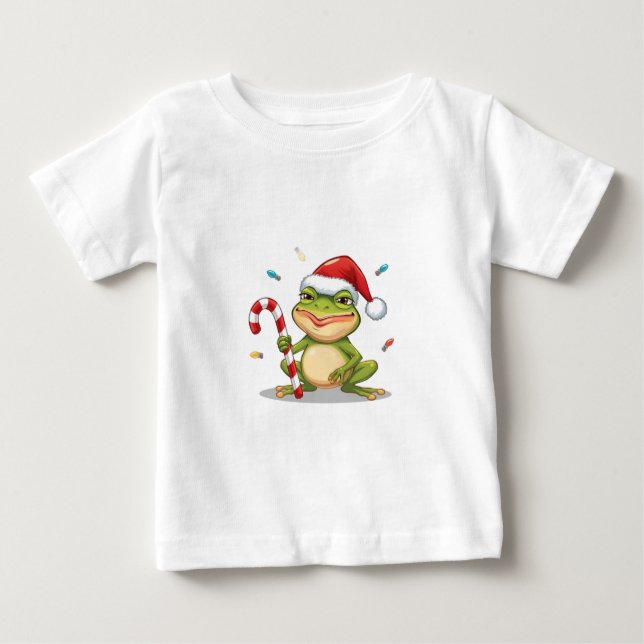 Cute Christmas Frog With Candy Cane - Funny Holida Baby T-Shirt (Front)