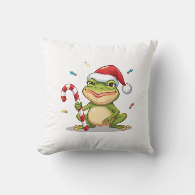 Cute Christmas Frog With Candy Cane - Funny Holida Cushion (Front)