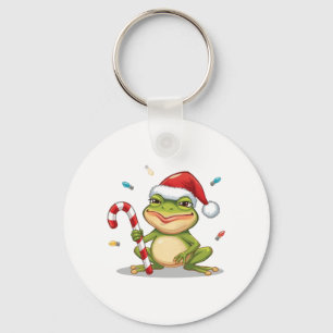 Cute Christmas Frog With Candy Cane - Funny Holida Key Ring