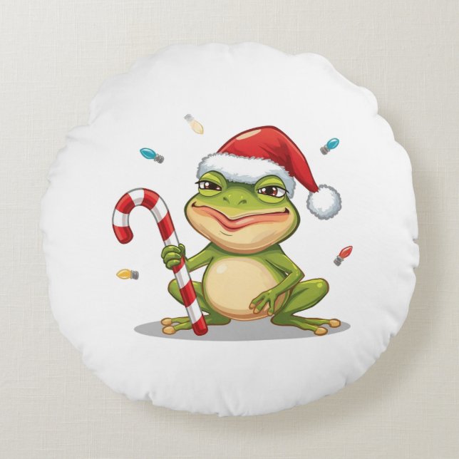 Cute Christmas Frog With Candy Cane - Funny Holida Round Cushion (Front)