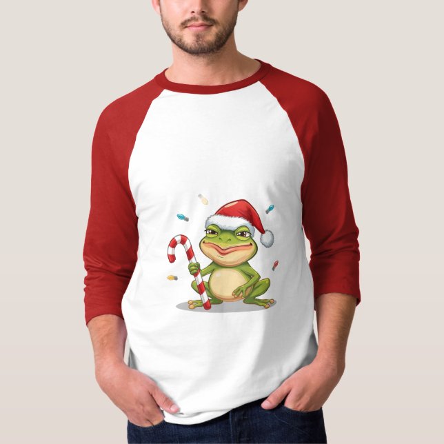 Cute Christmas Frog With Candy Cane - Funny Holida T-Shirt (Front)