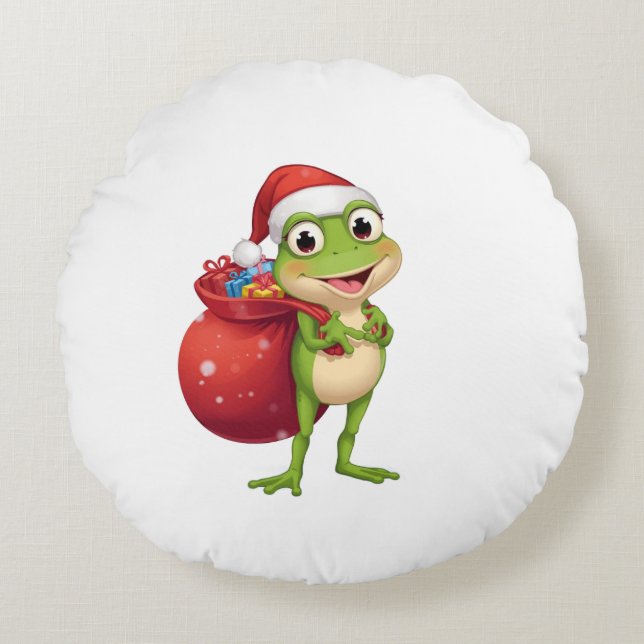 Cute Christmas Frog with Gift Bag - Santa Frog Hol Round Cushion (Front)