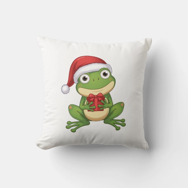 Cute Christmas Frog with Santa Hat and Gift |  Fun Cushion (Front)