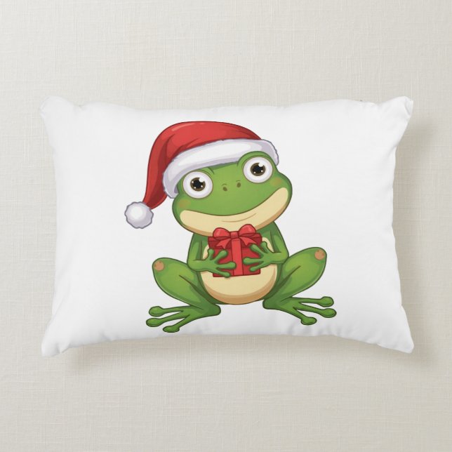 Cute Christmas Frog with Santa Hat and Gift |  Fun Decorative Cushion (Front)