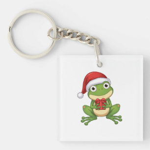 Cute Christmas Frog with Santa Hat and Gift Fun Key Ring