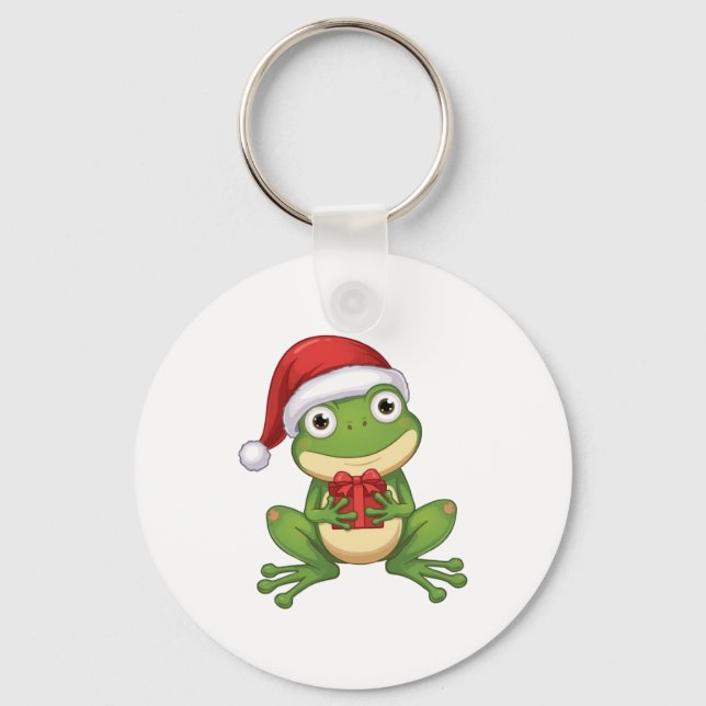 Cute Christmas Frog with Santa Hat and Gift |  Fun Key Ring (Front)