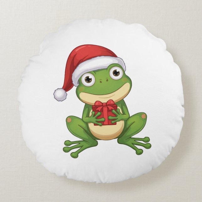 Cute Christmas Frog with Santa Hat and Gift |  Fun Round Cushion (Front)