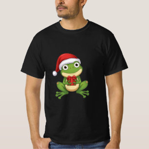 Cute Christmas Frog with Santa Hat and Gift Fun T-Shirt