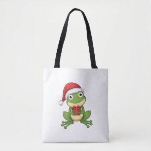 Cute Christmas Frog with Santa Hat and Gift Fun Tote Bag