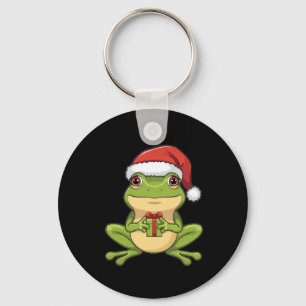 Cute Christmas Frog with Santa Hat Holding Gift - Key Ring