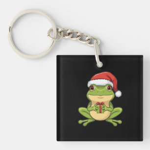 Cute Christmas Frog with Santa Hat Holding Gift - Key Ring