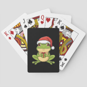 Cute Christmas Frog with Santa Hat Holding Gift - Playing Cards