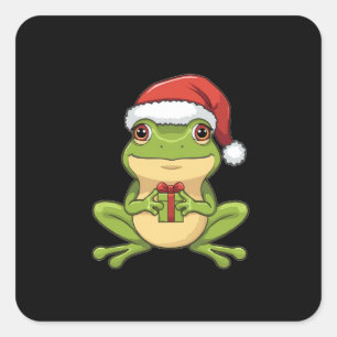 Cute Christmas Frog with Santa Hat Holding Gift - Square Sticker