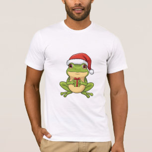 Cute Christmas Frog with Santa Hat Holding  Gift - T-Shirt