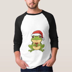 Cute Christmas Frog with Santa Hat Holding Gift - T-Shirt