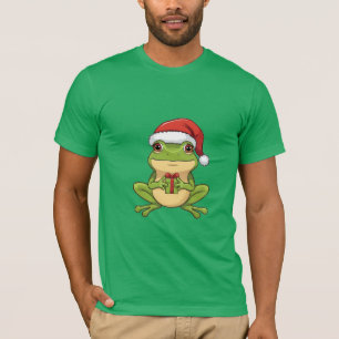 Cute Christmas Frog with Santa Hat Holding  Gift - T-Shirt