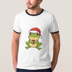 Cute Christmas Frog with Santa Hat Holding Gift - T-Shirt