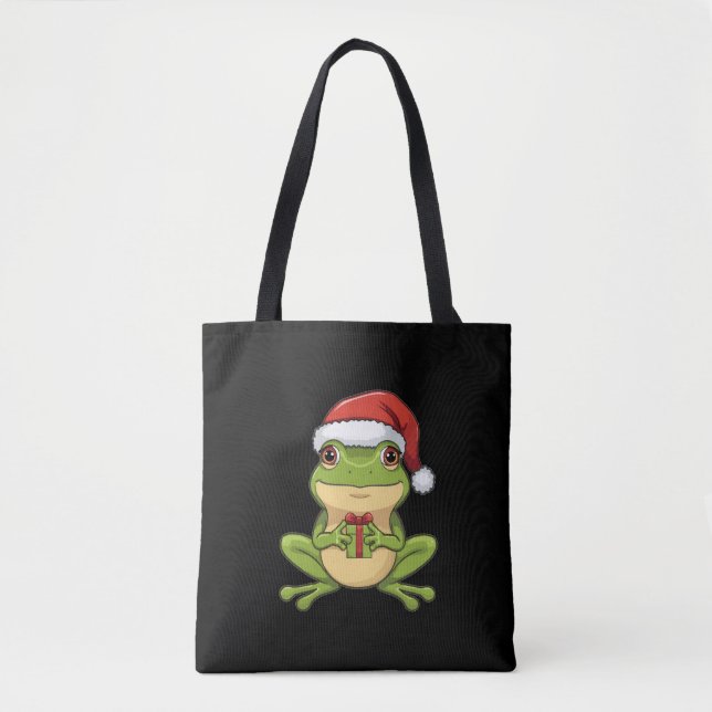 Cute Christmas Frog with Santa Hat Holding  Gift - Tote Bag (Front)