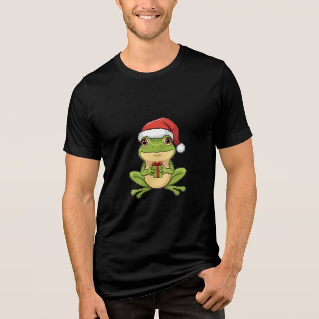 Cute Christmas Frog with Santa Hat Holding  Gift - Tri-Blend Shirt (Front)