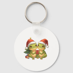 Cute Christmas Frogs Holding Gifts Adorable Holid Key Ring