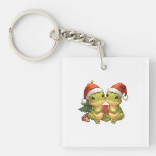 Cute Christmas Frogs Holding Gifts Adorable Holid Key Ring