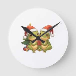 Cute Christmas Frogs Holding Gifts  Adorable Holid Round Clock