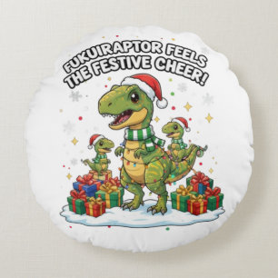 Cute Christmas Fukuiraptor Family – Festive Dino C Round Cushion