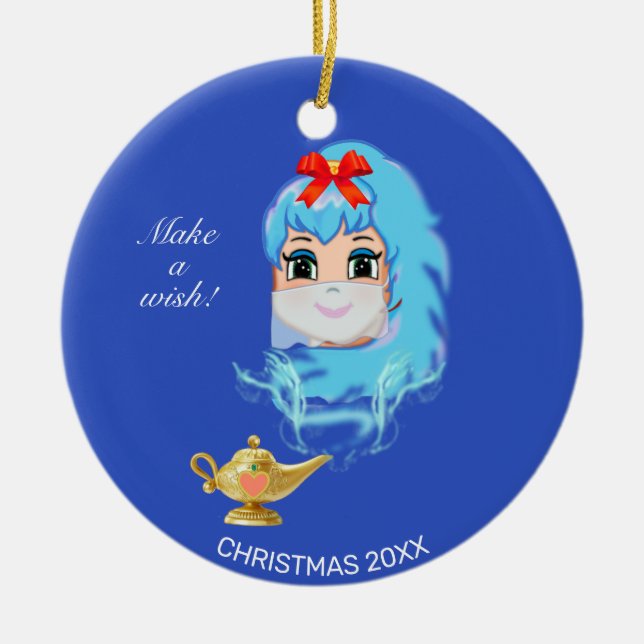 Cute Christmas Genie & Magic Lamp on Blue Ceramic Tree Decoration (Front)
