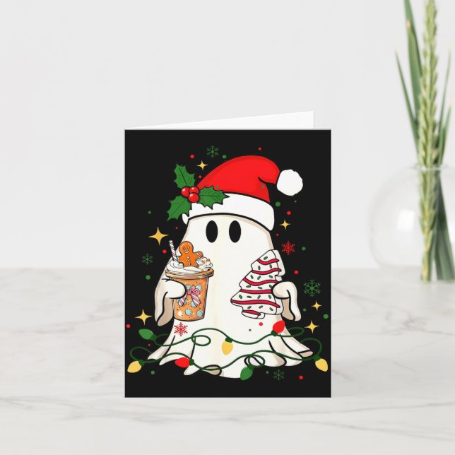 Cute Christmas Ghost Coffee Tree Cake Xmas Lights  Card (Front)