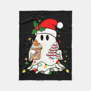 Cute Christmas Ghost Coffee Tree Cake Xmas Lights Fleece Blanket