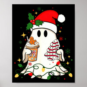 Cute Christmas Ghost Coffee Tree Cake Xmas Lights Poster
