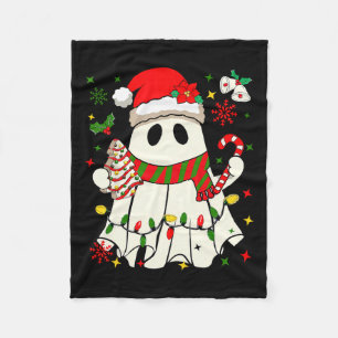 Cute Christmas Ghost Holding Tree Cake Candy Cane Fleece Blanket