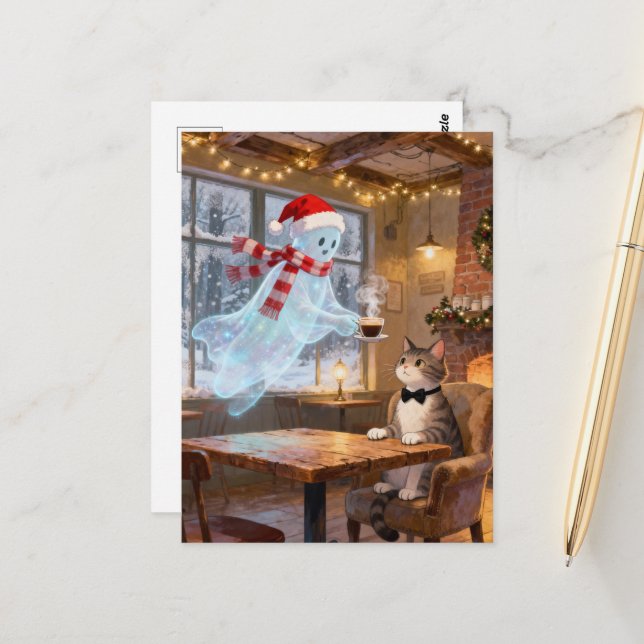 Cute Christmas Ghost Serves Cat in a Coffee shop Postcard (Front/Back In Situ)