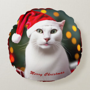 Cute Christmas Gift White Cat wearing Santa Hat Round Cushion