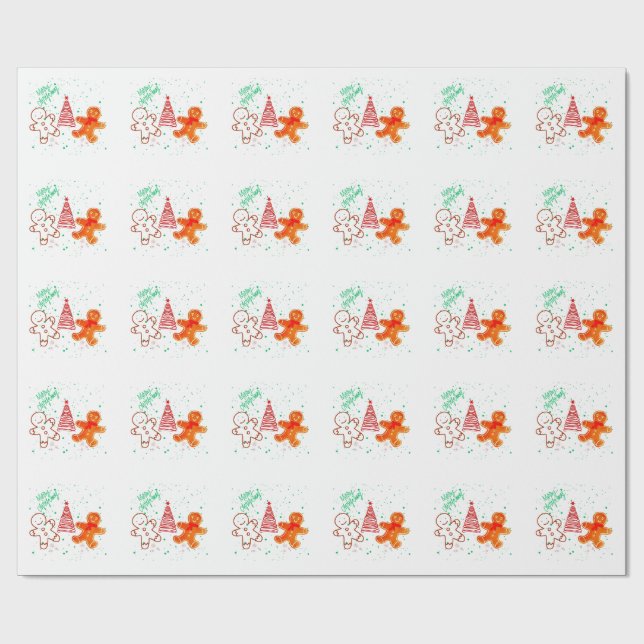 Cute Christmas Gingerbread Man and Tree Pattern.  Wrapping Paper (Flat)