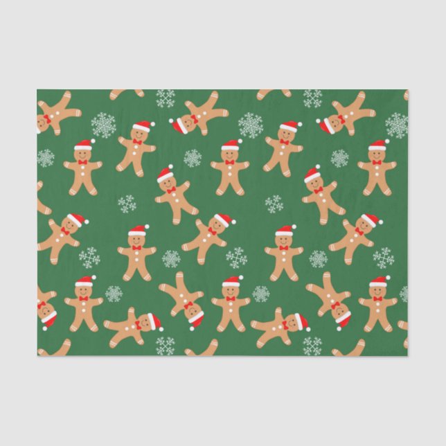Cute Christmas Gingerbread Men on Green  Tissue Paper (Front)