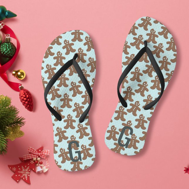 Cute Christmas Gingerbread Men Pattern Blue Jandals (Creator Uploaded)