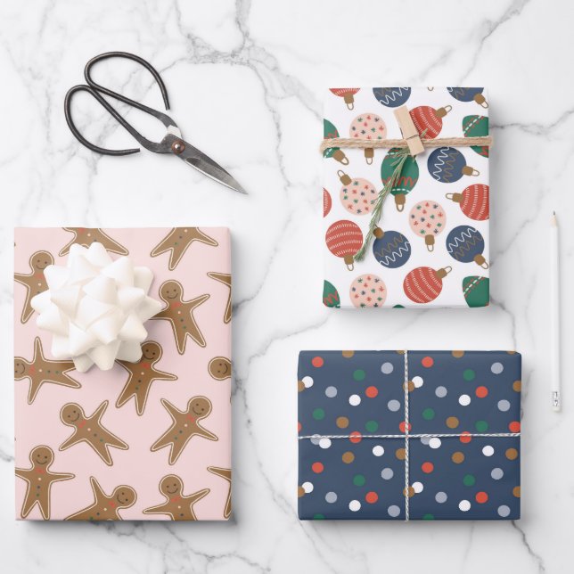 Cute Christmas Gingerbread & Ornaments Pattern Wrapping Paper Sheet (Front)