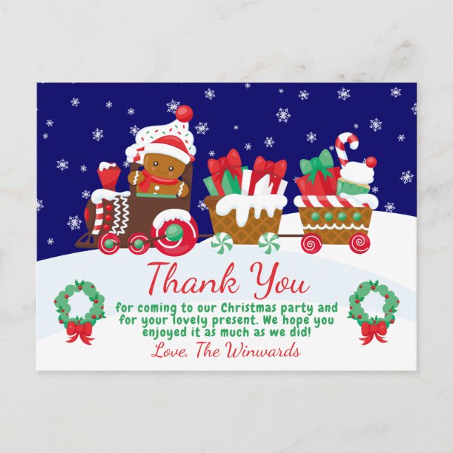Cute Christmas Gingerbread Train Thank You Postcard (Front)
